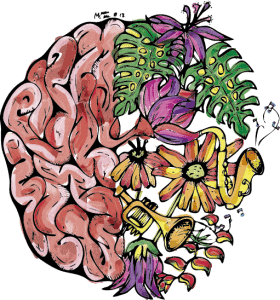 O desenho de um cérebro com flores e uma trombeta.