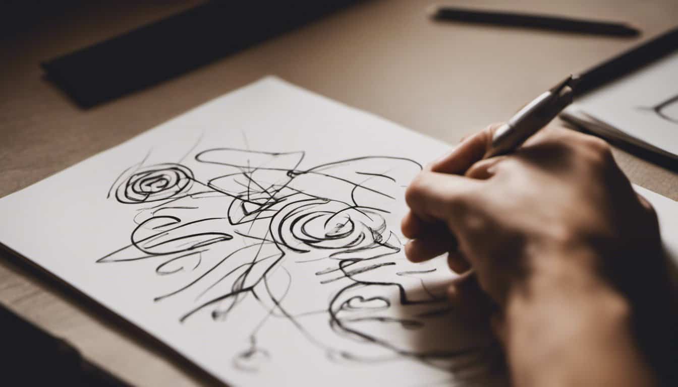 Uma pessoa desenhando com uma caneta em um pedaço de papel.