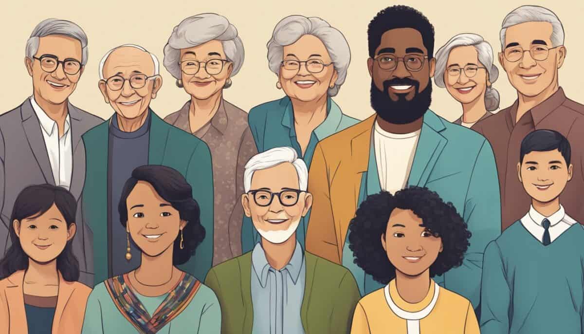 Uma ilustração que mostra as características de diferentes gerações, incluindo os idosos.