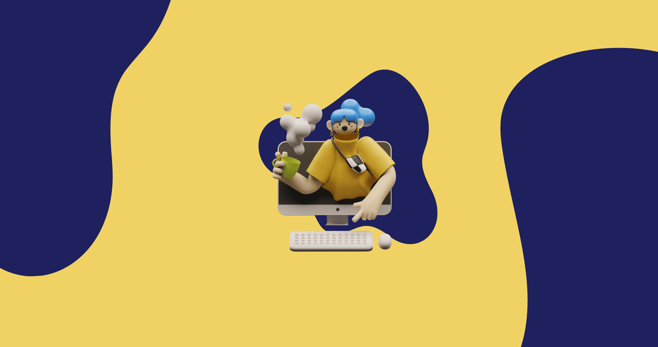 Um personagem de desenho animado com cabelo azul sobre fundo amarelo em áreas de recursos humanos.