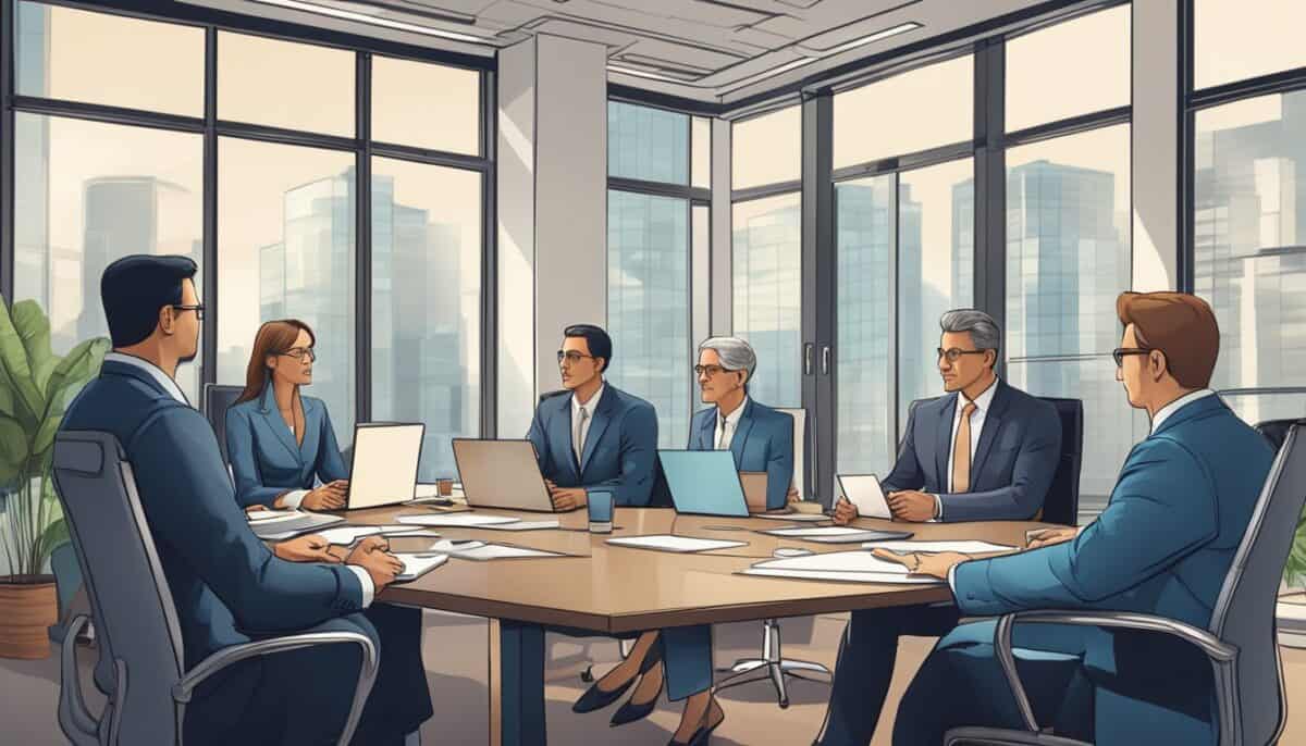 Um grupo de empresários engajados na gestão corporativa sentados em uma mesa de conferência.
