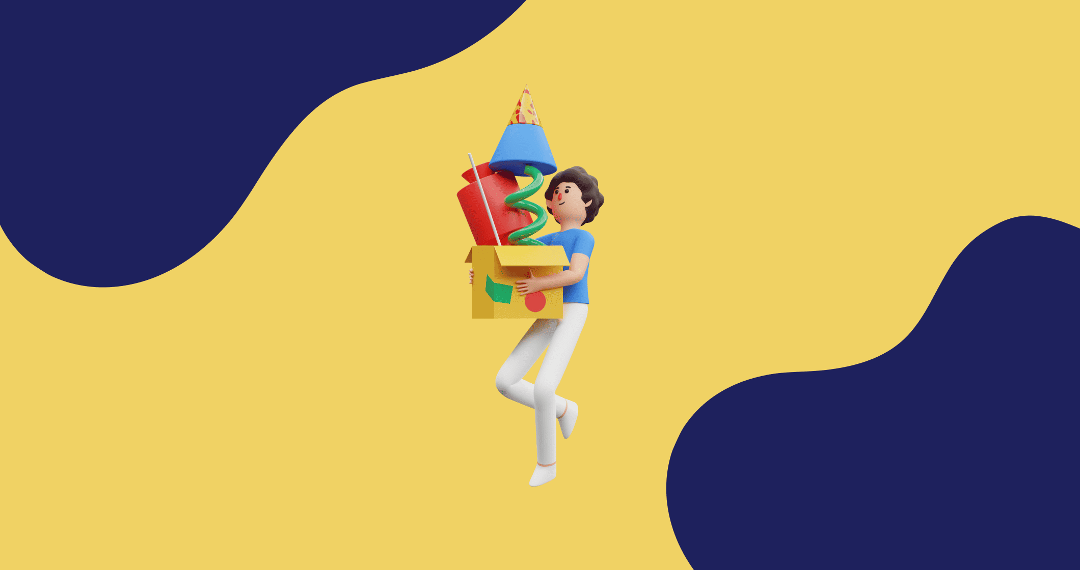 Um desenho de uma garota segurando uma caixa de brinquedos em um fundo colorido.