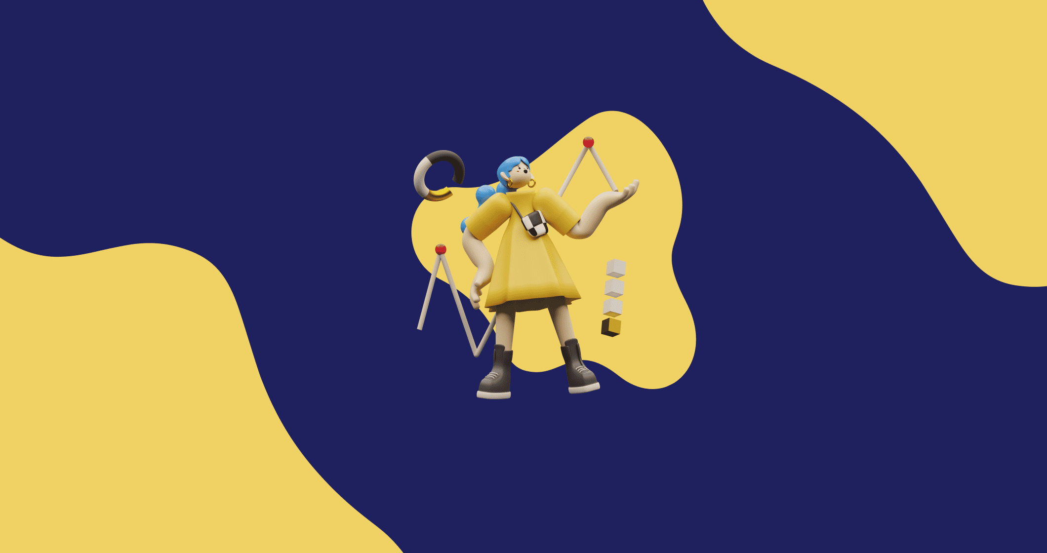 Fundo amarelo e azul com uma pessoa com vestido amarelo, inspirado na arte do grafico de gantt.
